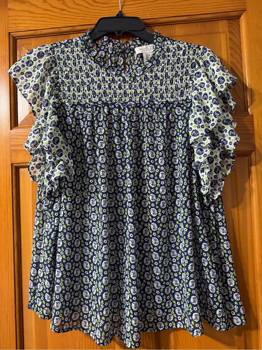 Rachel Zoe Navy & Lime Floral Smocked Flutter Sleeve Top